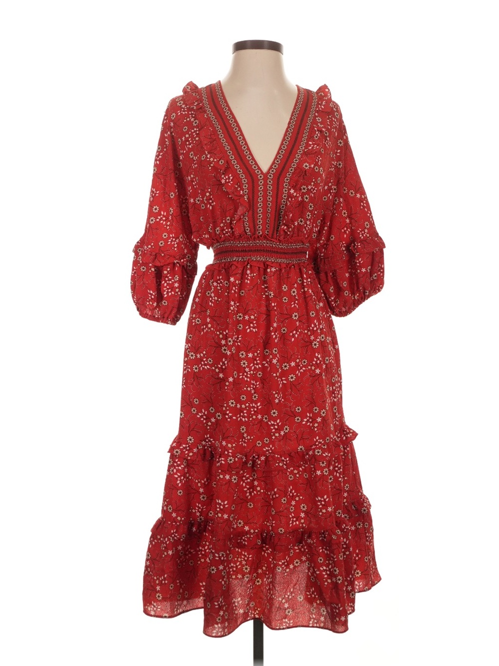 Max Studio Red Floral V-Neck Ruffle Midi Dress with Smocked Waist